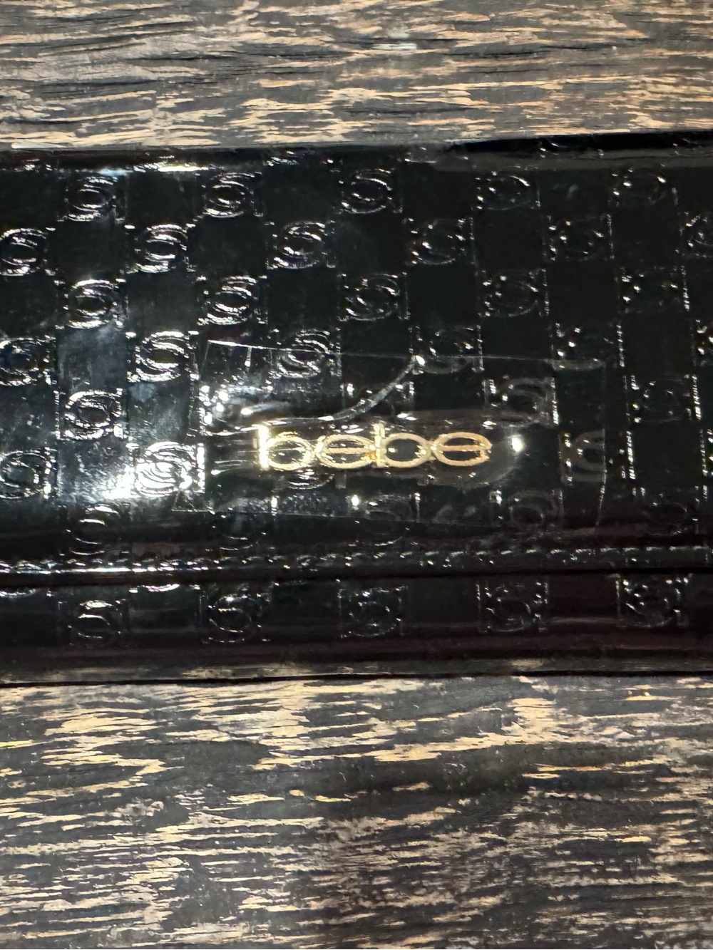 bebe Black Patent Embossed Logo Wallet with Gold-tone Nameplate